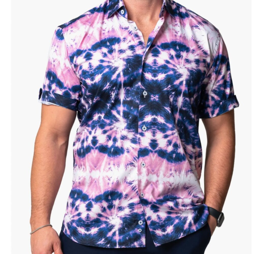 Maceoo Tie Dye Short‎ Sleeve Cotton Button-Up XXL